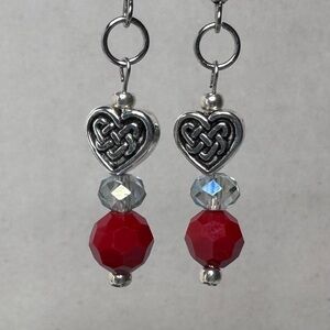 HAND CRAFTED Celtic Knot Heart Earrings Silver Red 2” Faceted Czech Beads NWT